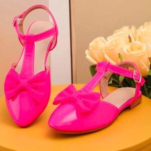 Little Girls HOT PINK Bow Decor Point Toe Ankle Strap Party Shoes Size US 1
